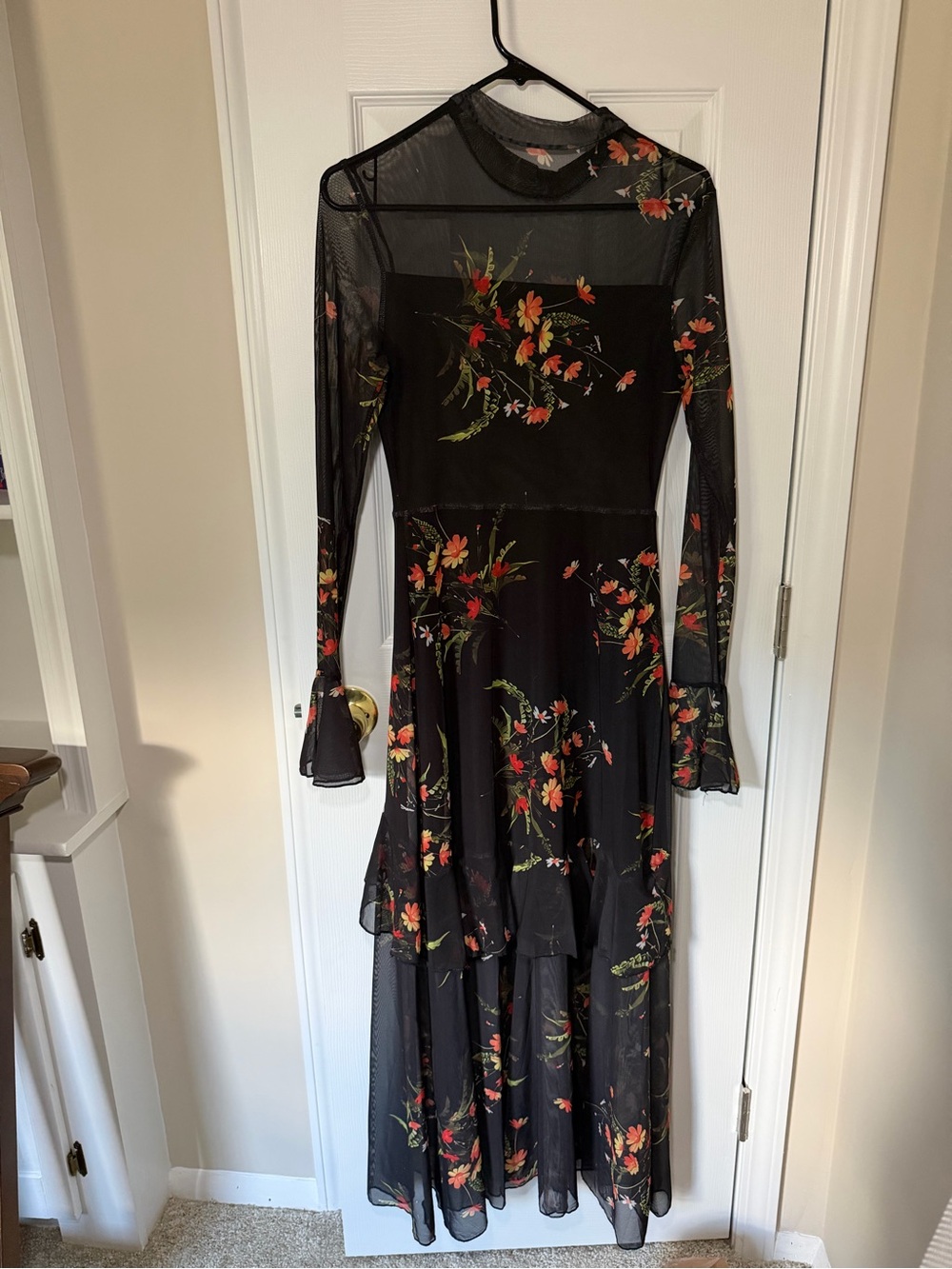 Black Floral Long Sleeve Mesh Maxi Dress